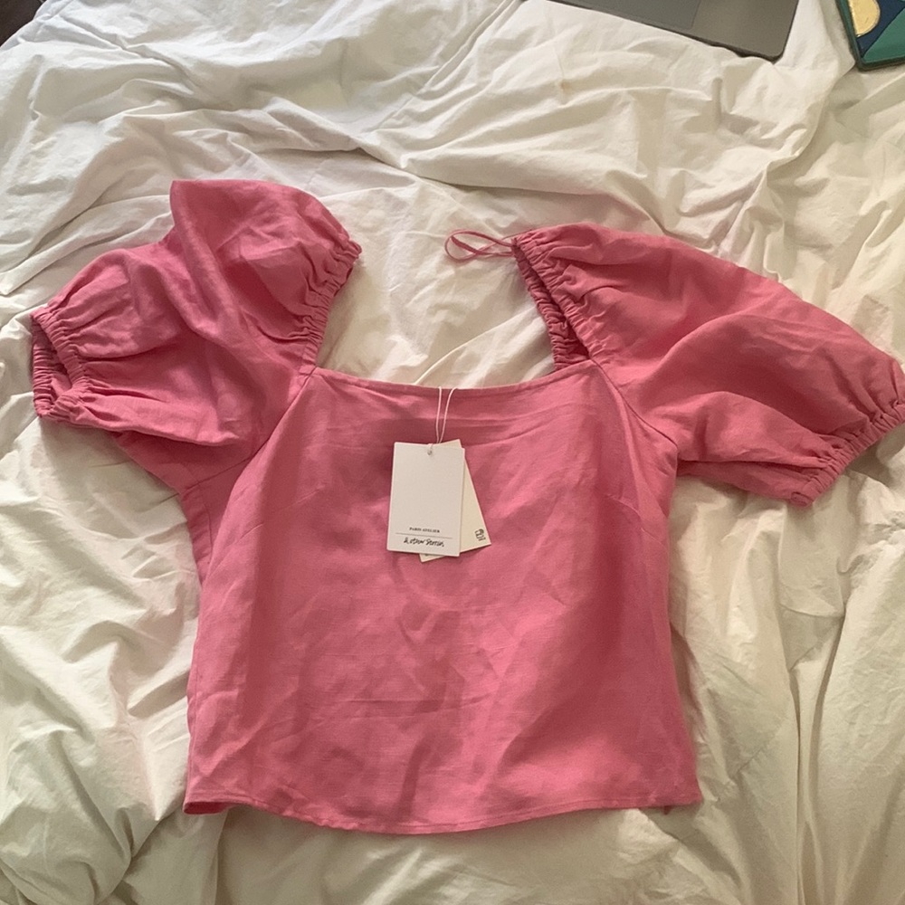 Super cute cropped puff sleeve pink linen top sz 6 NWT